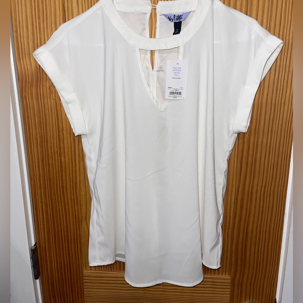 White t shirt blouse with high collar neck and keyhole